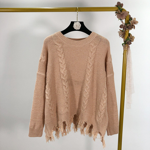 Γυναικείο  πουλόβερ με κρόσσια σε μπεζ χρώμα