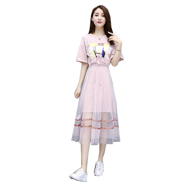 Rochie casual de dama lunga cu maneci scurte in culoarea roz