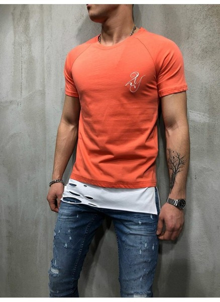 Alkalmi férfi póló rövid ujjú kék és narancssárga színben