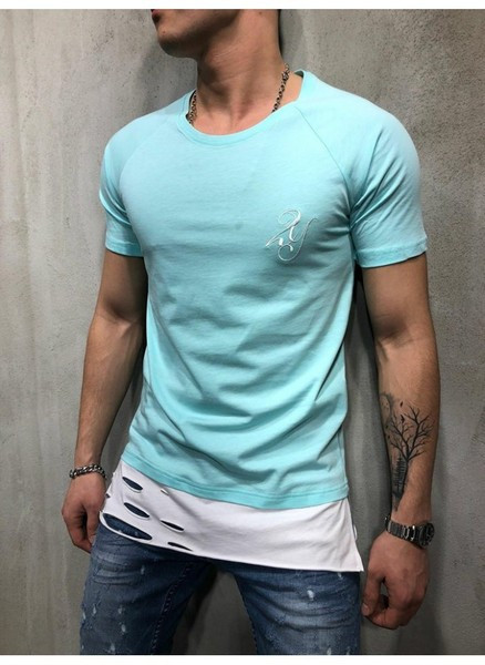 Alkalmi férfi póló rövid ujjú kék és narancssárga színben