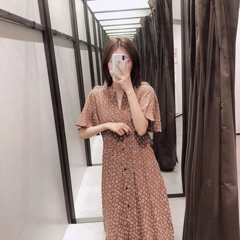 Casual γυναικείο φόρεμα με λουλούδια μοτίβα σε καφέ χρώμα