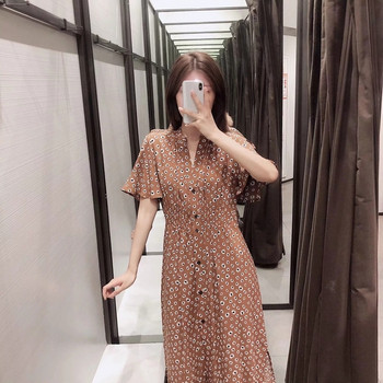 Casual γυναικείο φόρεμα με λουλούδια μοτίβα σε καφέ χρώμα