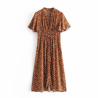 Casual γυναικείο φόρεμα με λουλούδια μοτίβα σε καφέ χρώμα