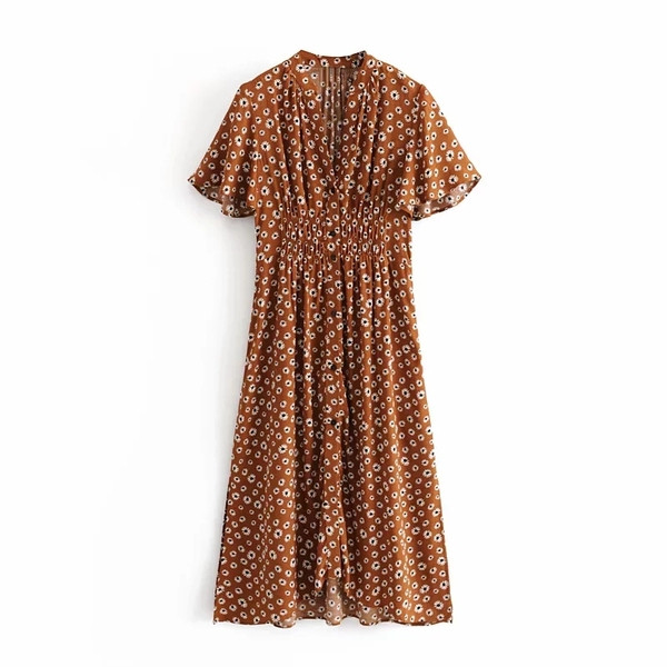 Casual γυναικείο φόρεμα με λουλούδια μοτίβα σε καφέ χρώμα