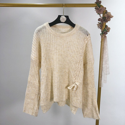 Pulover de dama cu decolteu oval cu cravate si crapaturi laterale in doua culori