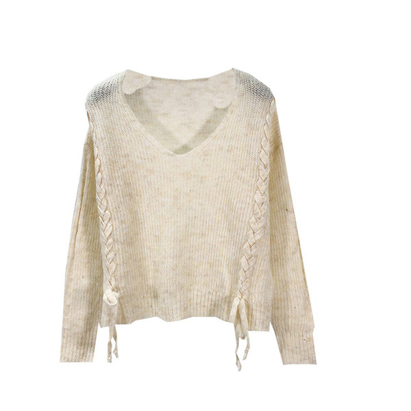 Γυναικεία κοντό πουλόβερ με λαιμόκοψη και κορδόνια σε μπεζ και γκρι χρώμα