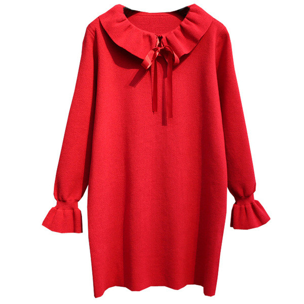 Χειμερινό γυναικείο φόρεμα - ευρύ μοτίβο σε κόκκινο, μαύρο και άσπρο χρώμα