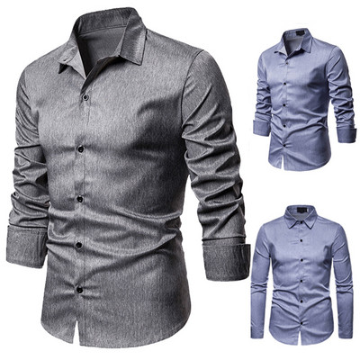 Модерна мъжка риза с копчета в сив и син цвят