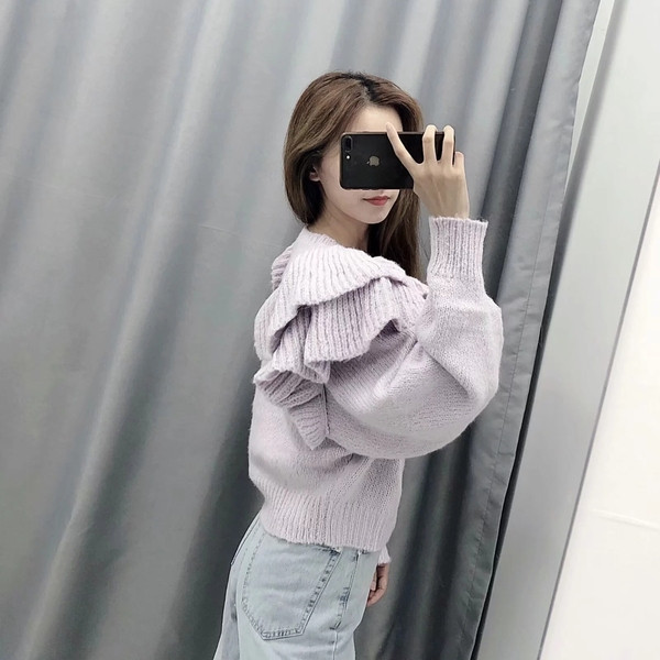 Νέο μοντέλο γυναικείο πουλόβερ με λαιμό O σε μωβ χρώμα