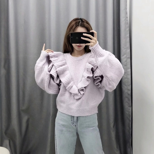 Νέο μοντέλο γυναικείο πουλόβερ με λαιμό O σε μωβ χρώμα