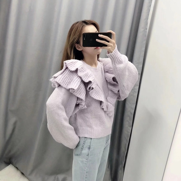 Νέο μοντέλο γυναικείο πουλόβερ με λαιμό O σε μωβ χρώμα