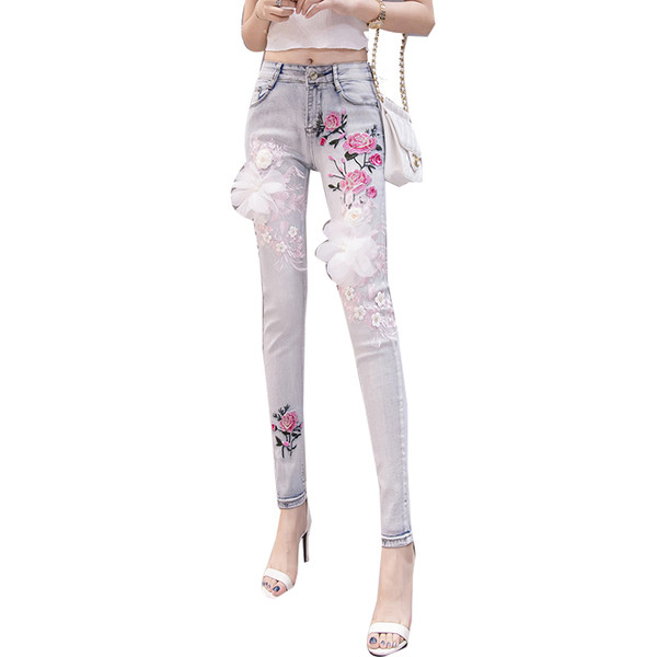 Blugi moderni de dama cu model floral si element 3D