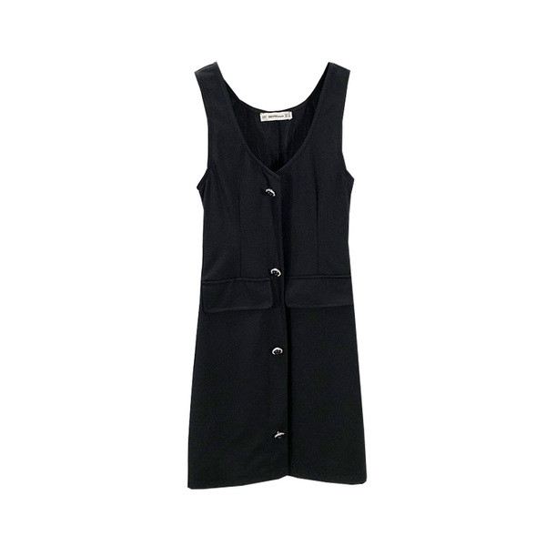 Rövid alkalmi ruha széles pántokkal és gombokkal, fekete színben