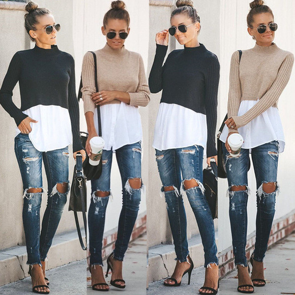 Μοντέρνο γυναικείο πουλόβερ σε μαύρο και μπεζ χρώμα