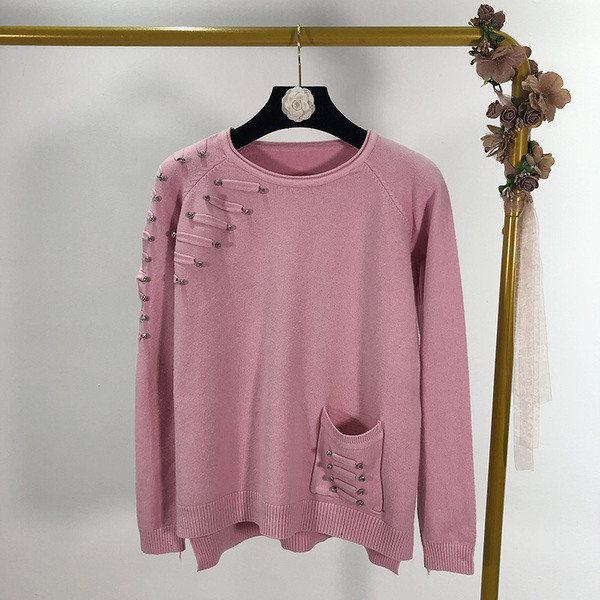 Γυναικείο  μοντέρνο πουλόβερ με χάντρες και τσέπη σε τρία χρώματα