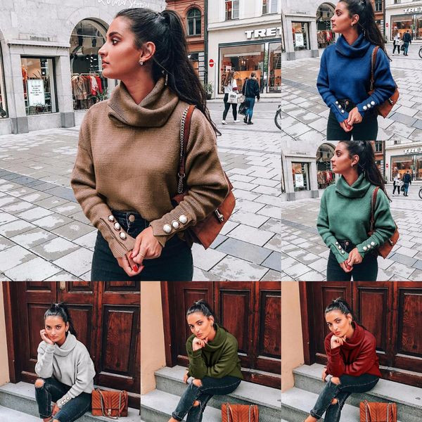 Pulover de dama cu guler inalt si nasturi in mai multe culori