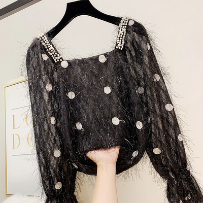 Új modell női blúz négyzet alakú nyakkivágással, rózsaszín, fehér és fekete színekben