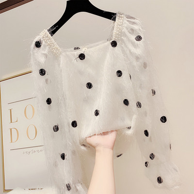 Új modell női blúz négyzet alakú nyakkivágással, rózsaszín, fehér és fekete színekben