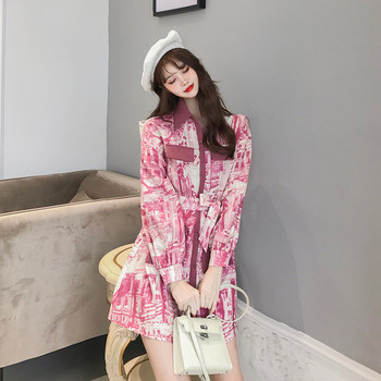 Rochie de dama model nou cu curea si maneci lungi de culoare roz