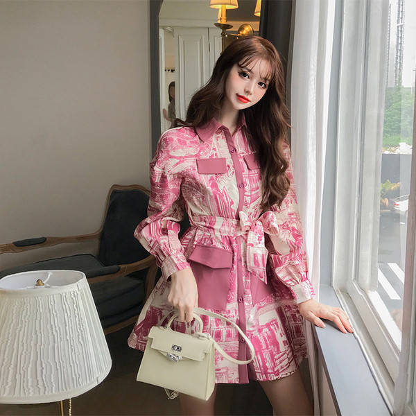 Rochie de dama model nou cu curea si maneci lungi de culoare roz