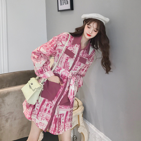 Rochie de dama model nou cu curea si maneci lungi de culoare roz