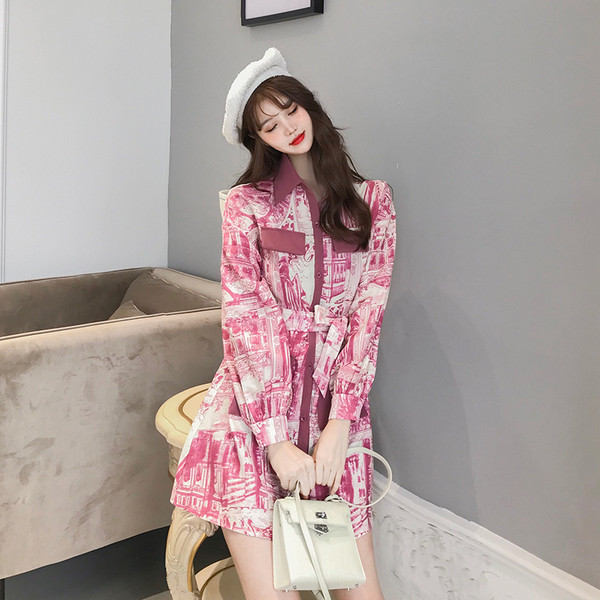 Rochie de dama model nou cu curea si maneci lungi de culoare roz