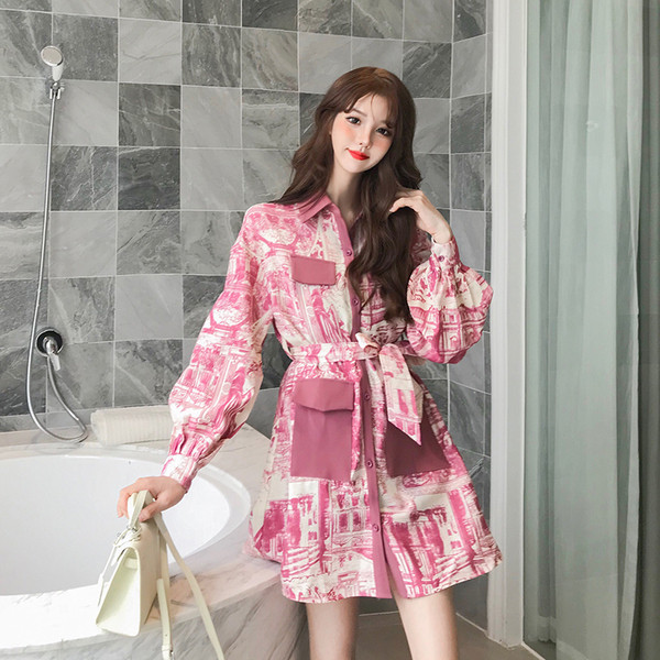 Rochie de dama model nou cu curea si maneci lungi de culoare roz