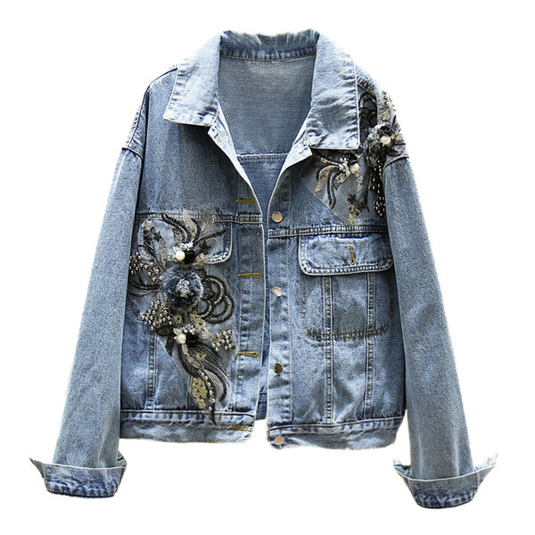 Casual γυναικείο τζιν μπουφάν με μαύρο και μπλε χρώμα με διακόσμηση