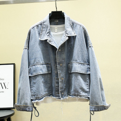 Casual γυναικείο τζιν μπουφάν ευρύ μοτίβο με δεσμούς σε μπλε χρώμα