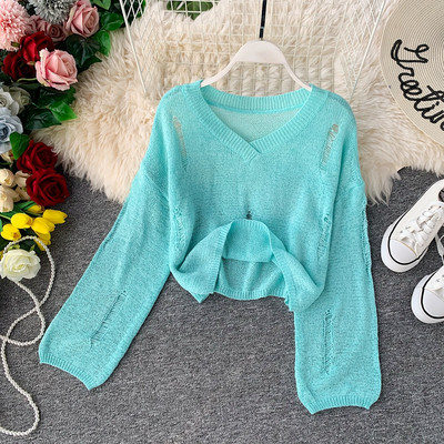 Μοντέρνο γυναικείο πουλόβερ  με V-λαιμό σε διάφορα χρώματα