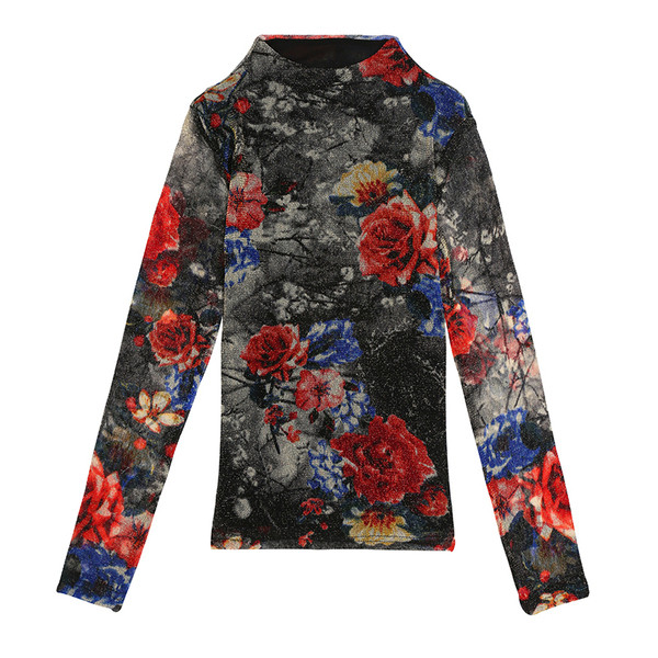 Μοντέρνα μαύρη γυναικεία μπλούζα με floral μοτίβα