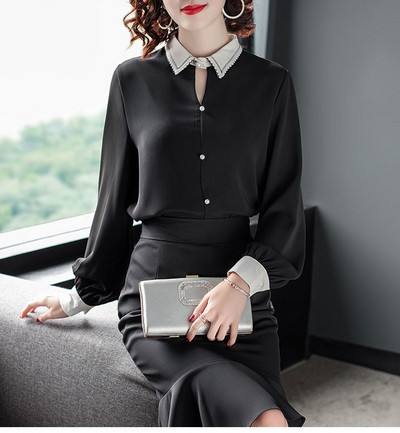 Κομψό γυναικείο πουκάμισο με μακριά μανίκια - σε λευκό και μαύρο χρώμα