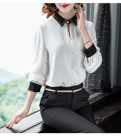 Κομψό γυναικείο πουκάμισο με μακριά μανίκια - σε λευκό και μαύρο χρώμα