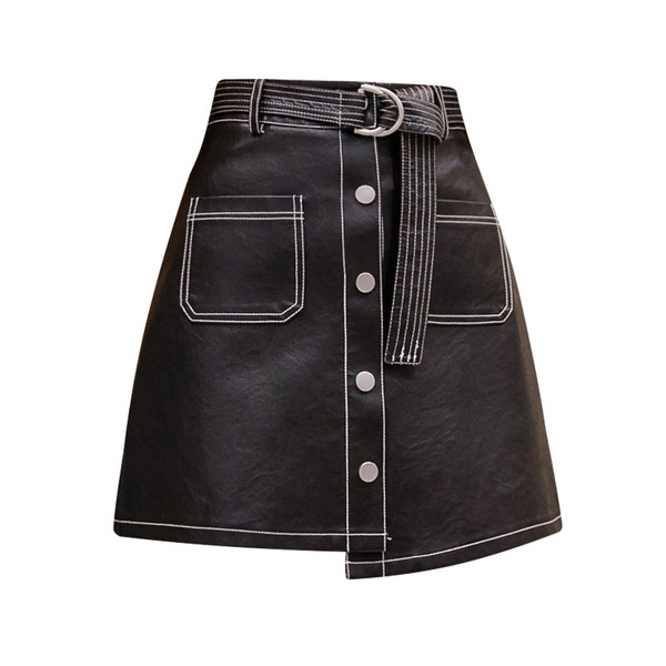 Γυναικεία φούστα  με ψηλή μέση με κουμπιά και ζώνη σε μαύρο χρώμα