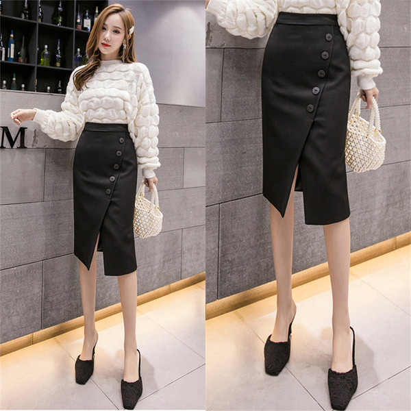 Fusta de dama eleganta cu nasturi si crapatura in trei culori