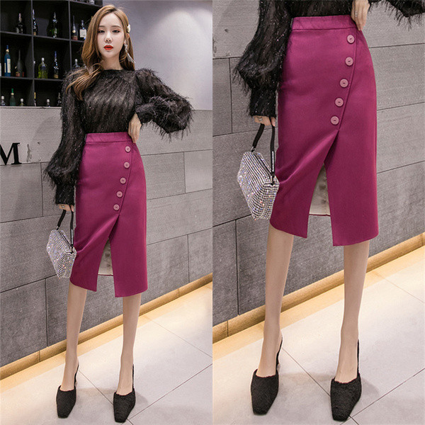 Fusta de dama eleganta cu nasturi si crapatura in trei culori