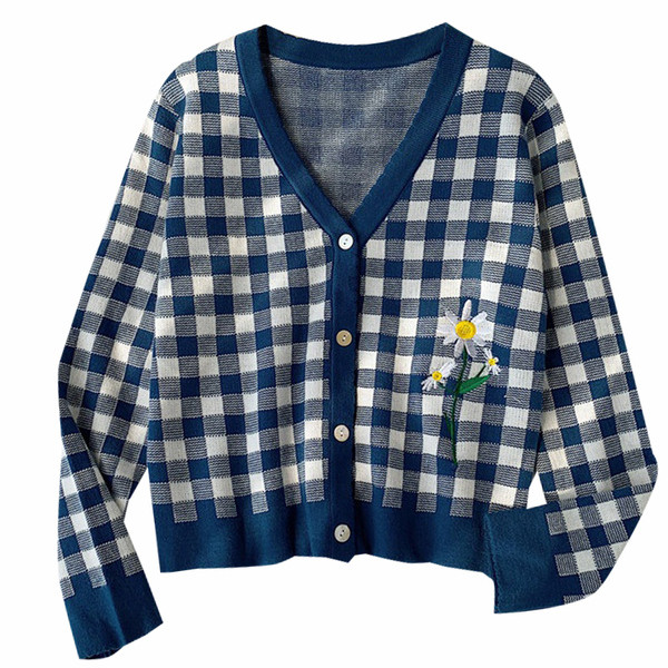 Cardigan dama in carouri cu broderie in galben si albastru