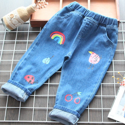 Модерни детски дънки за момичета с апликация в син цвят