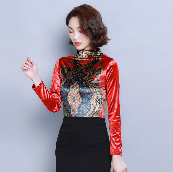 Bluză de damă actuală cu mâneci lungi în verde și roșu