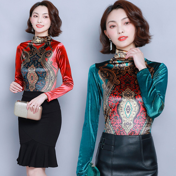 Bluză de damă actuală cu mâneci lungi în verde și roșu