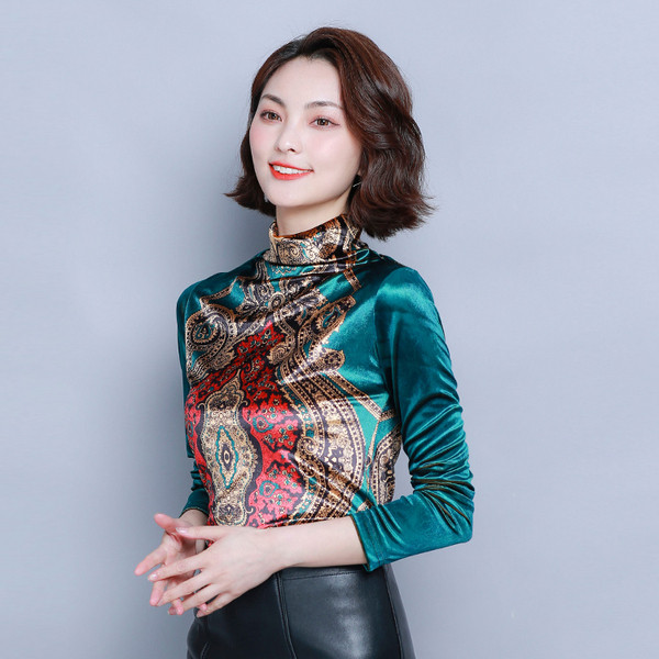 Bluză de damă actuală cu mâneci lungi în verde și roșu