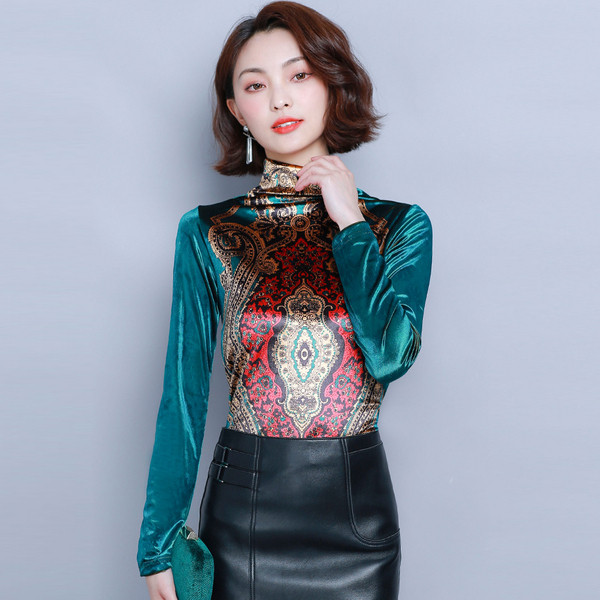 Bluză de damă actuală cu mâneci lungi în verde și roșu