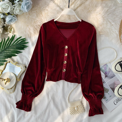 Κομψή βελούδινη γυναικεία μπλούζα με κουμπιά σε διάφορα χρώματα