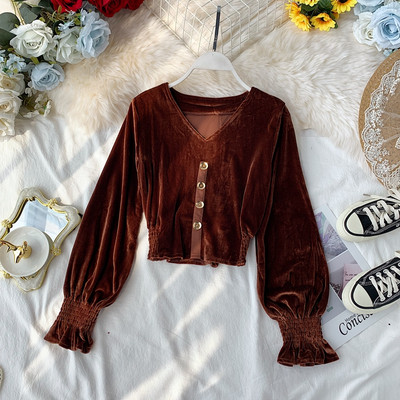 Κομψή βελούδινη γυναικεία μπλούζα με κουμπιά σε διάφορα χρώματα