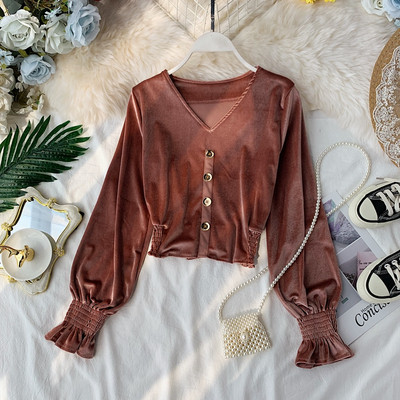 Κομψή βελούδινη γυναικεία μπλούζα με κουμπιά σε διάφορα χρώματα