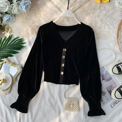 Κομψή βελούδινη γυναικεία μπλούζα με κουμπιά σε διάφορα χρώματα