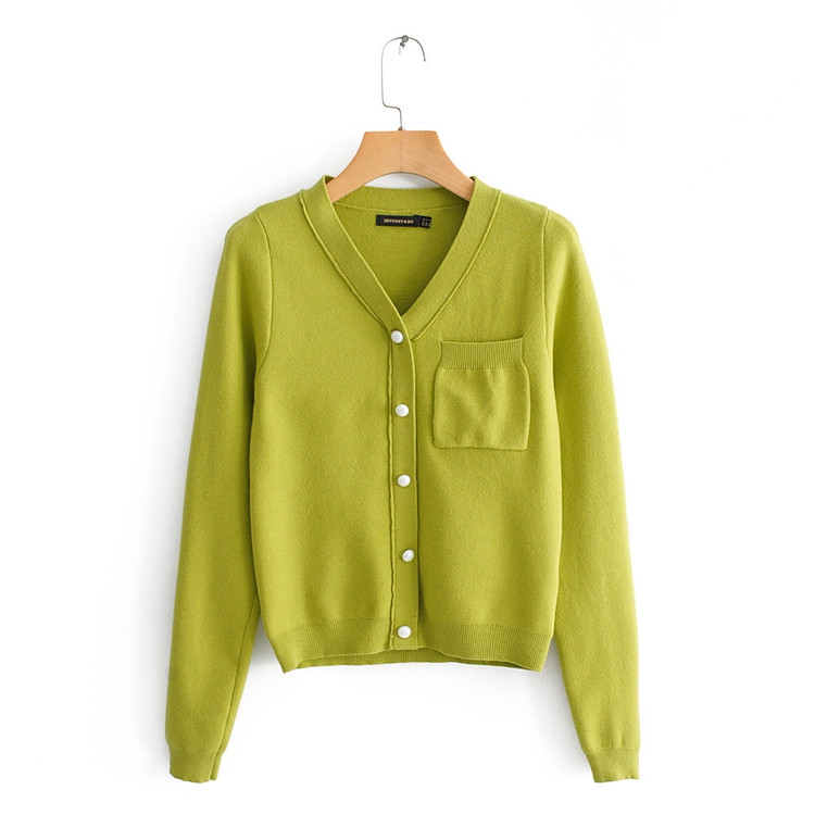 Cardigan scurt de dama cu buzunar si decor perle in verde