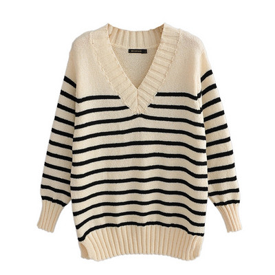Csíkos női pulóver spitz nyakkivágással és hosszú ujjal