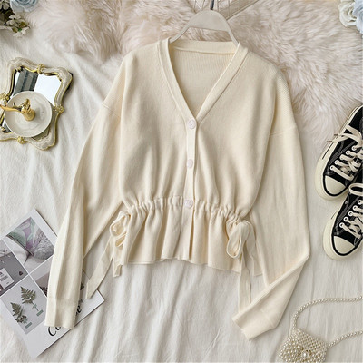 Γυναικεία ζακέτα με κορδόνια σε γκρι, λευκό και καφέ χρώμα