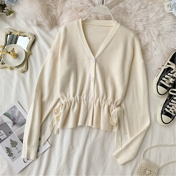 Γυναικεία ζακέτα με κορδόνια σε γκρι, λευκό και καφέ χρώμα